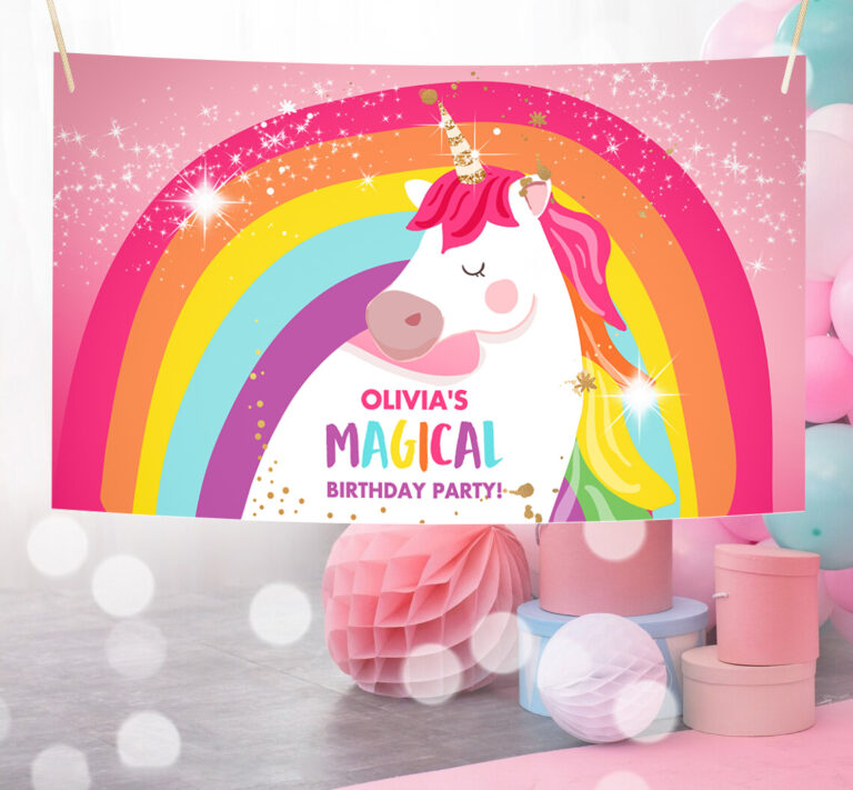 3 Editable Unicorn Backdrop Banner Pink Unicorn Birthday Girl Magical Unicorn Party Decorations Rainbow Download Corjl Template Printable 0323 1