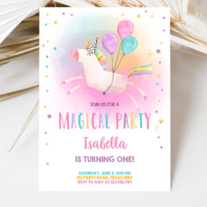 3 Editable Unicorn Birthday Invitation Magical Party Invite Girl Pink First Birthday Digital Invite Template Rainbow Download Corjl 0336 1