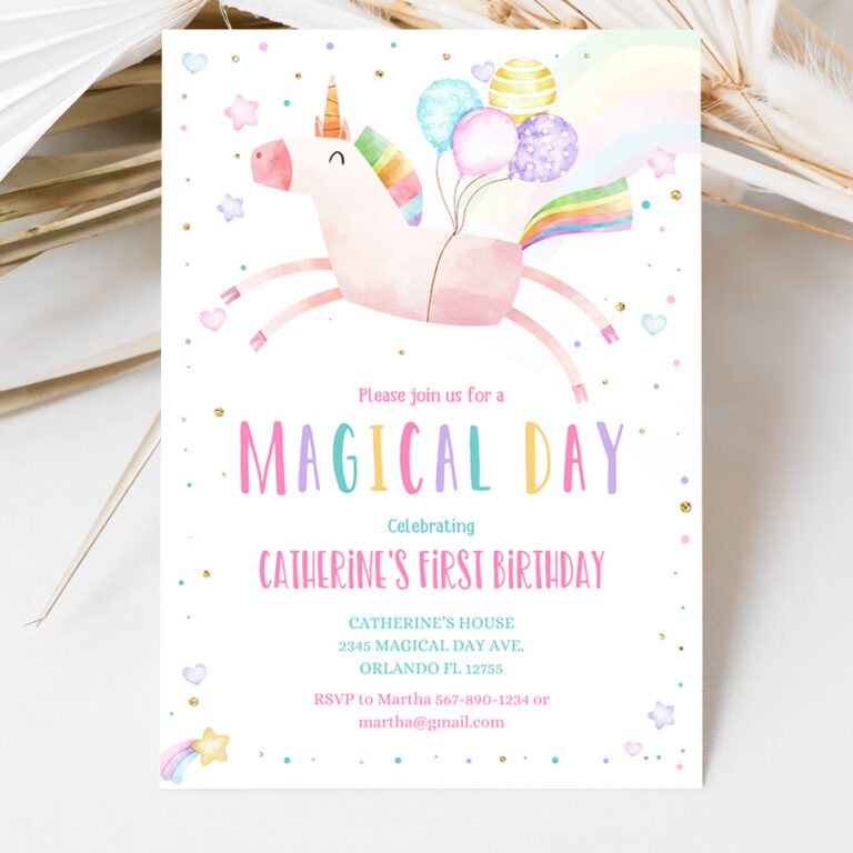 3 Editable Unicorn Birthday Invitation Magical Party Invite Girl Pink First Birthday Digital Invite Template Reainbow 1