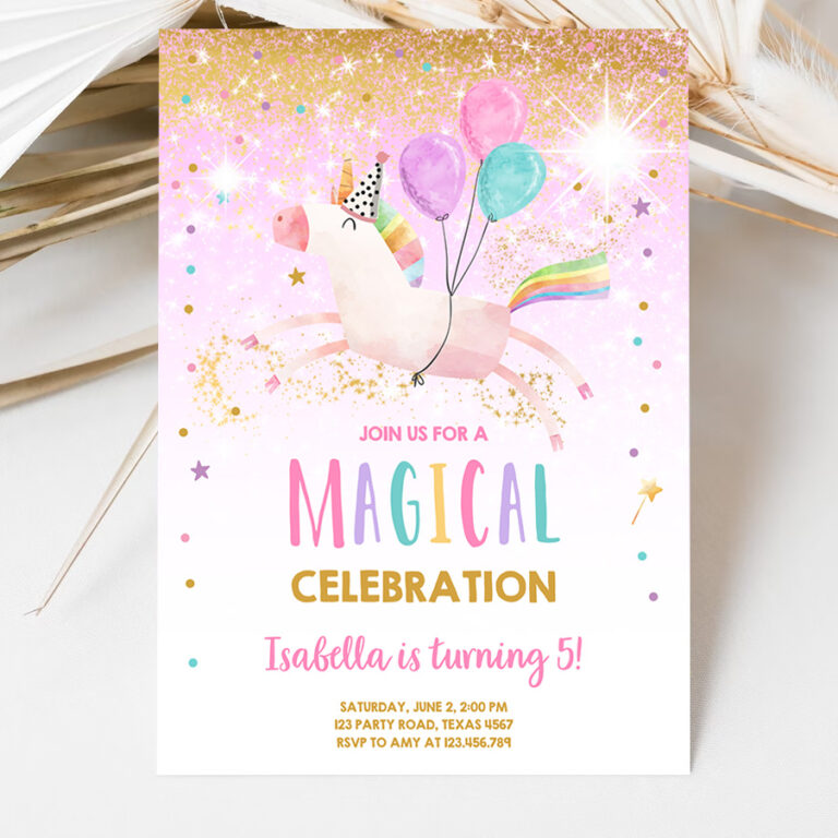 3 Editable Unicorn Birthday Invitation Magical Party Invite Girl Pink Gold Birthday Digital Invite Template Rainbow Download Corjl 0336 1