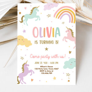 3 Editable Unicorn Birthday Invitation Magical Party Invite Girl Pink Pastel First Digital Unicorn Party 1