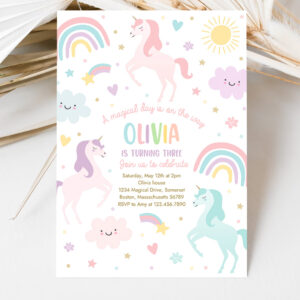 3 Editable Unicorn Birthday Invitation Magical Pastel Rainbow Unicorn Birthday Party Whimsical Fairytale Unicorn Party Instant Download UY6 1