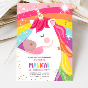 3 Editable Unicorn Birthday Invitation Magical Unicorn Party Girl Pink Gold Unicorn Invite Rainbow Printable 1