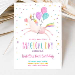 3 Editable Unicorn Birthday Invitations Magical Party Invite Girl Pink First Birthday Digital Invite Template Rainbow Download Corjl 0336 1