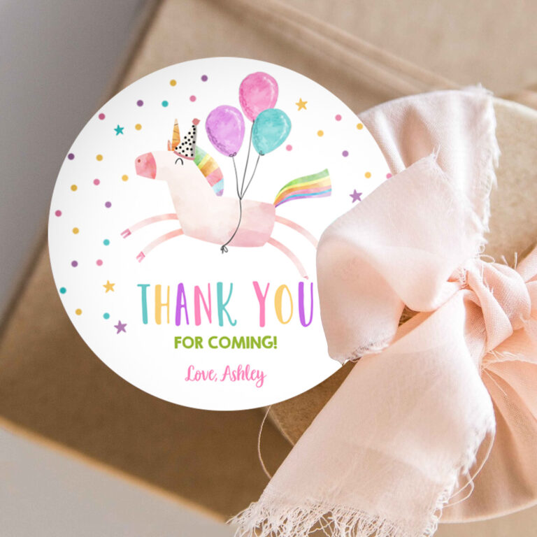 3 Editable Unicorn Favor Tags Unicorn Birthday Party Thank You Gift Tags Magical Rainbow Girl Round Sticker Corjl Pink Gold Template 0336 1