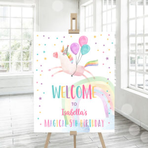 3 Editable Unicorn Welcome Sign Unicorn Birthday Door Sign Rainbow Girl Magical Party Sign Poster Pink First Template PRINTABLE Corjl 0336 1