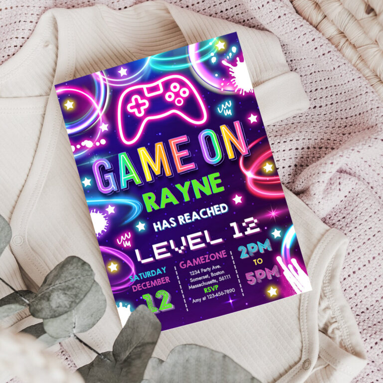 3 Editable Video Game Birthday Invitation Gamer Girl Birthday Party Neon Game On Level Up Birthday Party Glow Gamer Party 1