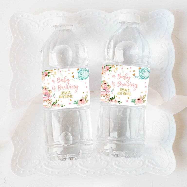 3 Editable Water Bottle Labels Tea Baby Shower Girl A Baby is Brewing Flowers Pink Gold Tea Shower Printable Bottle Labels Template Corjl 0349 1
