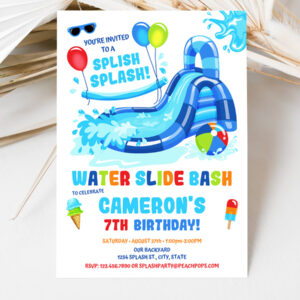 3 Editable Water Slide Birthday Splash Party Invitation Blue Waterslide Bash Boy or Girl Printable Invite 1