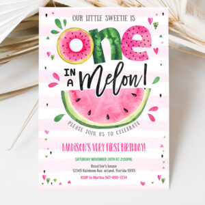 3 Editable Watermelon Invitation Birthday Invitations Pink Watermelon Party One in a Melon 1st Birthday Party Invite 1