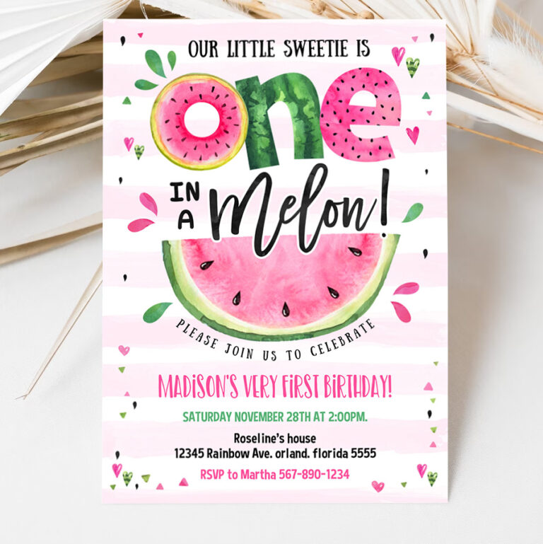 3 Editable Watermelon Invitation Birthday Party Invitations Pink Watermelon Party One in a Melon 1st Birthday Party Invite 1