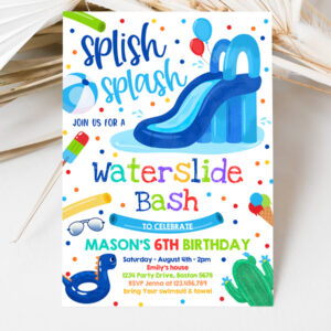 3 Editable Waterslide Birthday Party Invitation Water Slide Bash Summer Pool Party Boy Blue Pool Party BBQ Pool Party 1