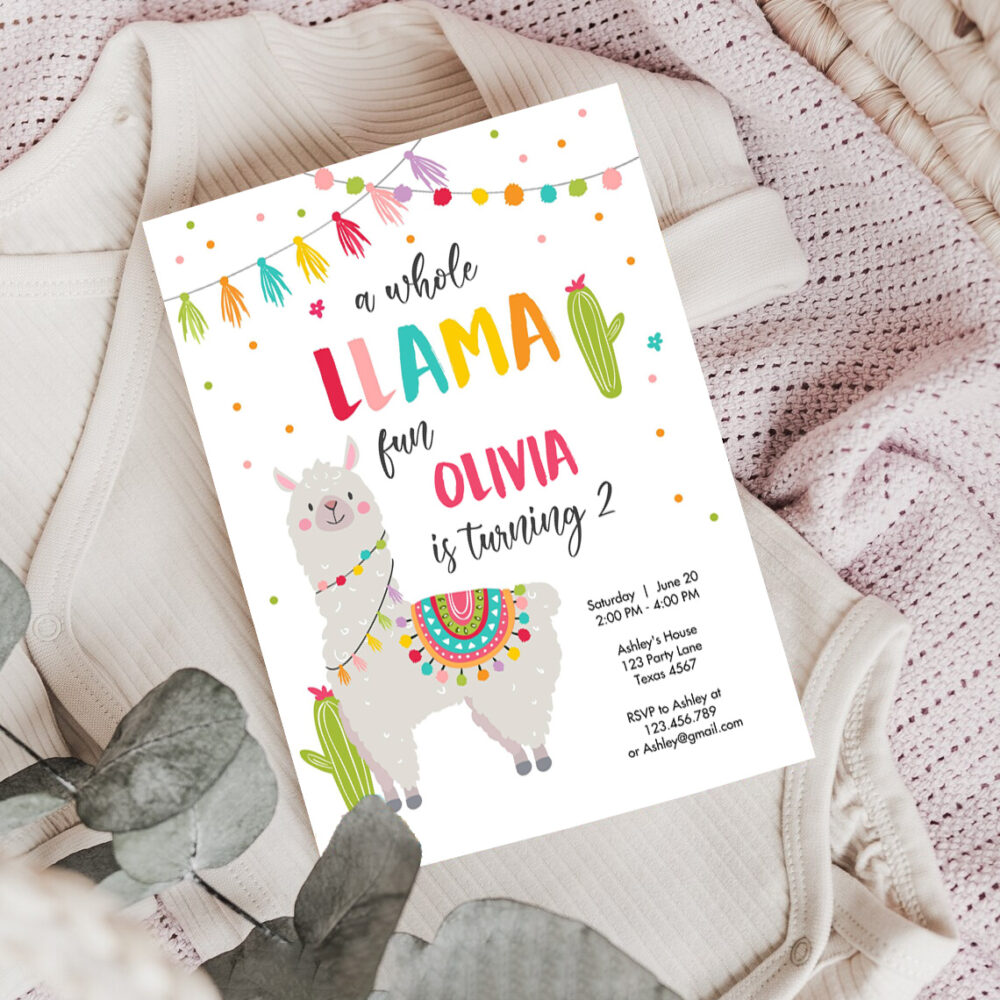 3 Editable Whole Llama Fun Birthday Party Invitation Fiesta Mexican Cactus Alpaca Girl Pink Party Instant Download Printable Corjl Template 0079 1