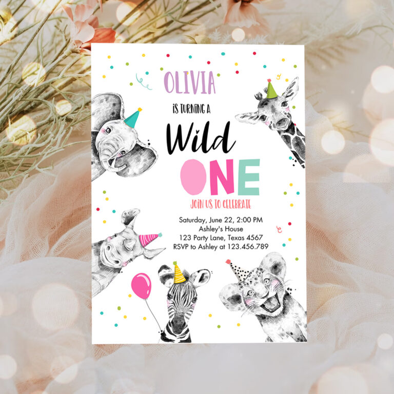 3 Editable Wild One Birthday Invitation Safari Animals Party Animals Girl Pink Gold First Birthday 1st Confetti Corjl Template Printable 0390 1