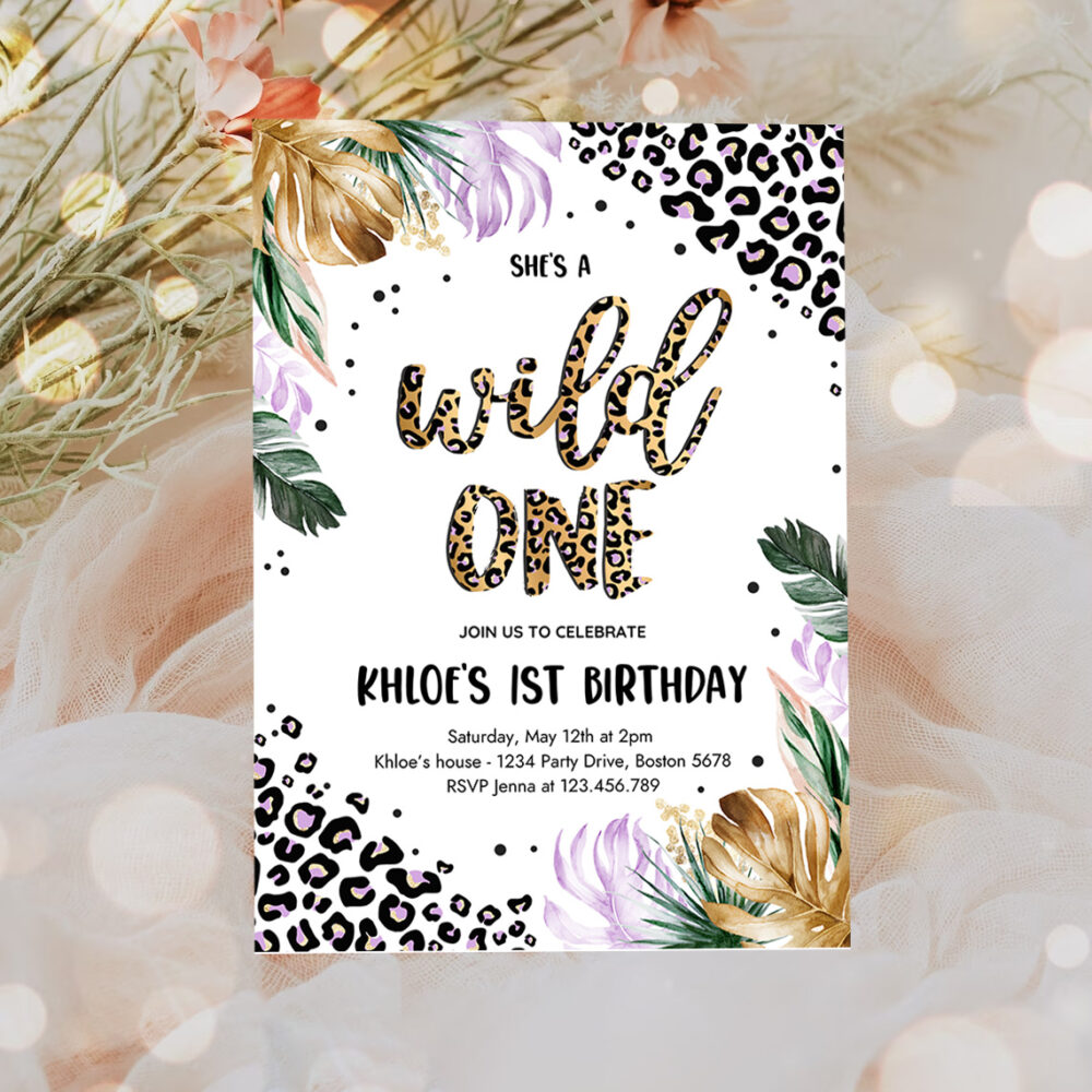 3 Editable Wild One Leopard Print Jungle Birthday Party Invitation Leopard Print Wild One 1st Birthday Party 1