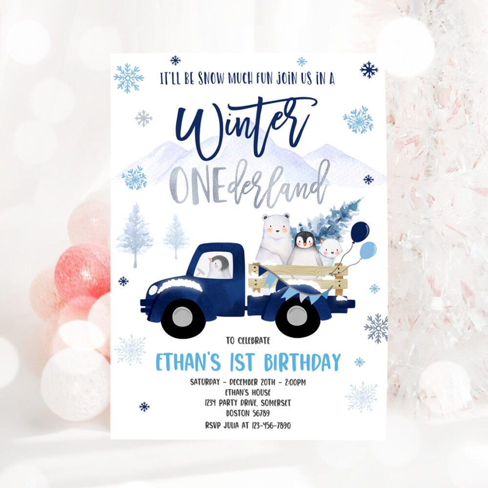 3 Editable Winter ONEderland Invitation Winter Navy Blue Truck 1st Birthday Penguin Polar Bear Winter ONEderland Party 1
