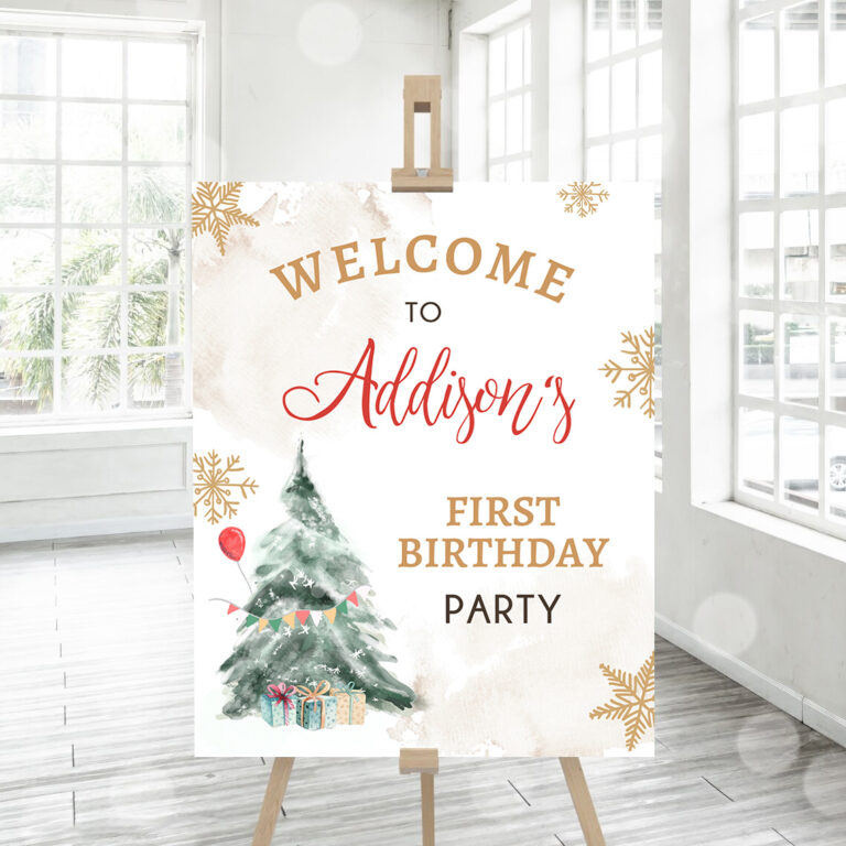 3 Editable Winter Onederland Welcome Sign Christmas Tree Watercolor First Birthday Neutral Red Gold Snowflake Corjl Template Printable 0363 1