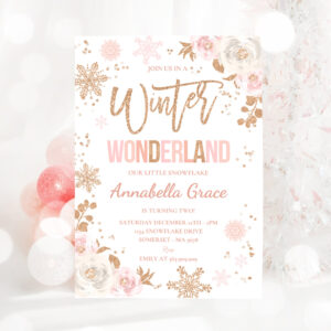 3 Editable Winter Wonderland Birthday Invitation Pink Rose Gold Winter Wonderland Party Floral Winter Wonderland Party 1