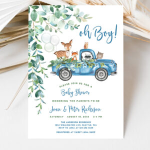 3 Editable Woodland Blue Truck Baby Shower Invitation Boy Blue Pickup Truck Greenery Woodland Animal Bear Invite 1