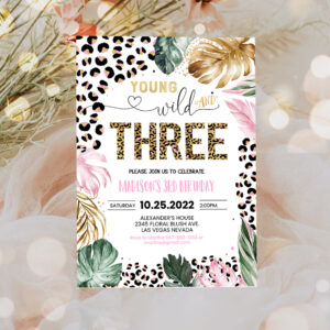 3 Editable Young Wild And Three Leopard Print Jungle Birthday Party Invitation Leopard Print Wild And Three Birthday Party Template 1