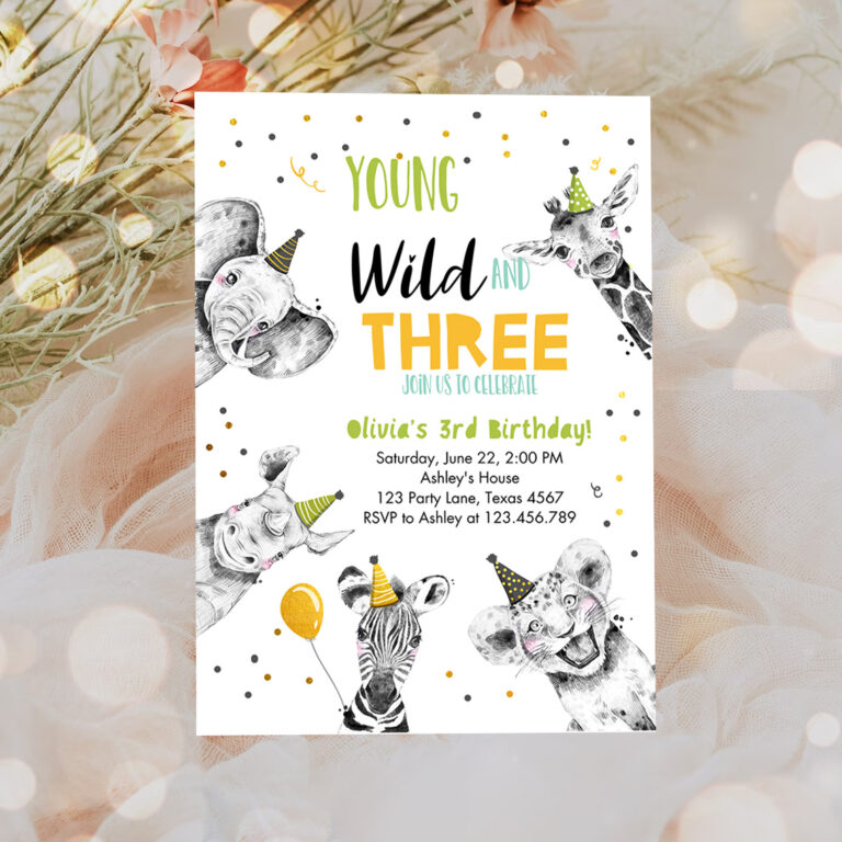 3 Editable Young Wild and Three Birthday Invitation Boy Green Gold Third 3rd Safari Animals Download Printable Template Digital Corjl 0390 1