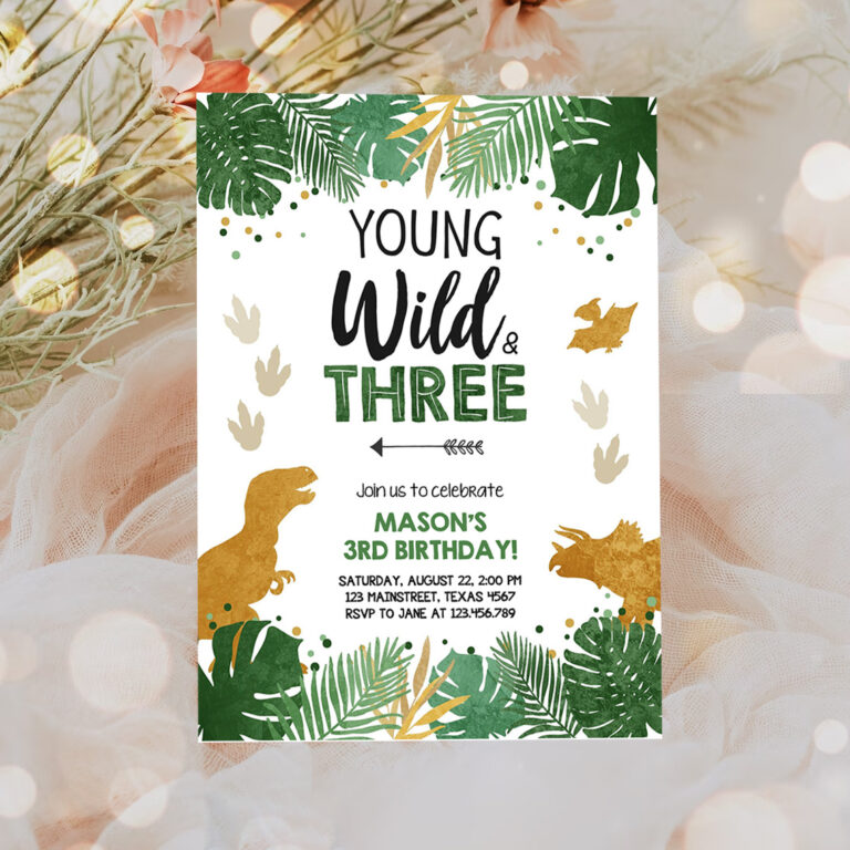 3 Editable Young Wild and Three Birthday Invitation Dinosaur Dino Party Boy 3rd Third Birthday Green Gold Black Corjl Template Printable 0146 1
