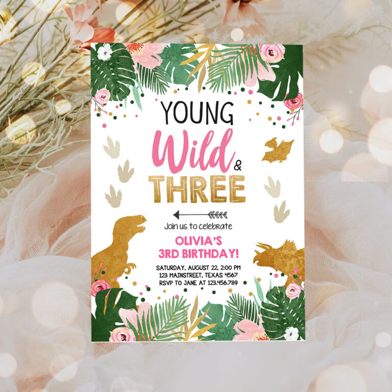 3 Editable Young Wild and Three Dinosaur Birthday Invitation Dinosaur Party Girl Pink Gold Third Birthday 3rd Corjl Template Digital 0146 1
