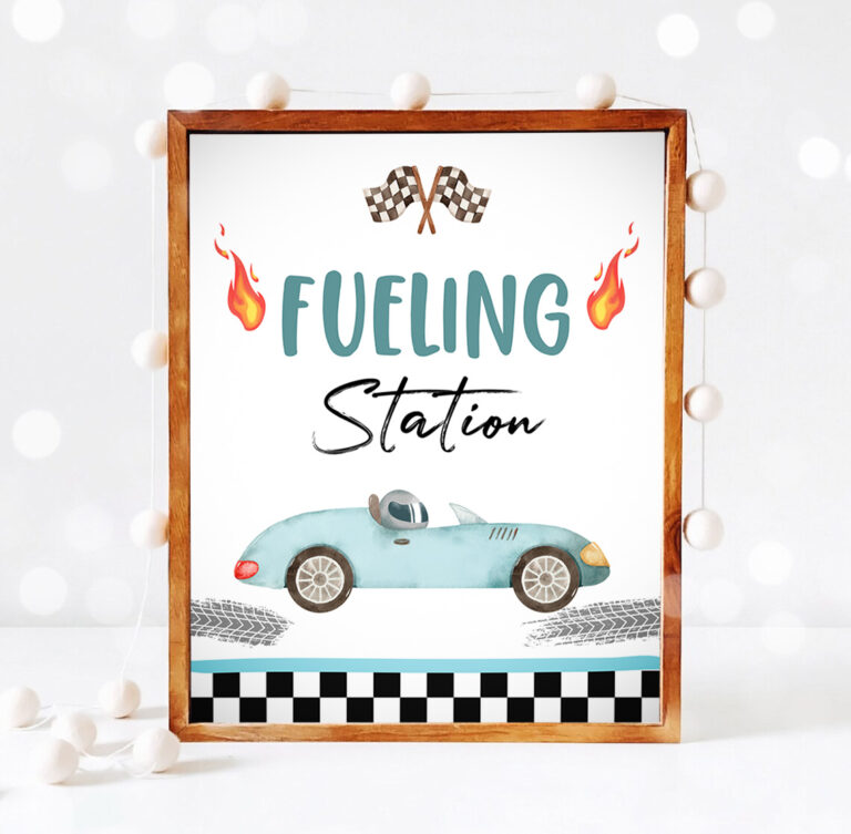 3 Fueling Station Race Car Sign Race Car Birthday Party Sign Two Fast Birthday Party Blue Vintage Racing Car Drinks Download PRINTABLE 0424 1