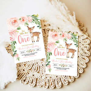 3 Our Little deer First Birthday Invitation Woodland Deer Birthday Invitations Floral Woodland Invite Editable Template 1