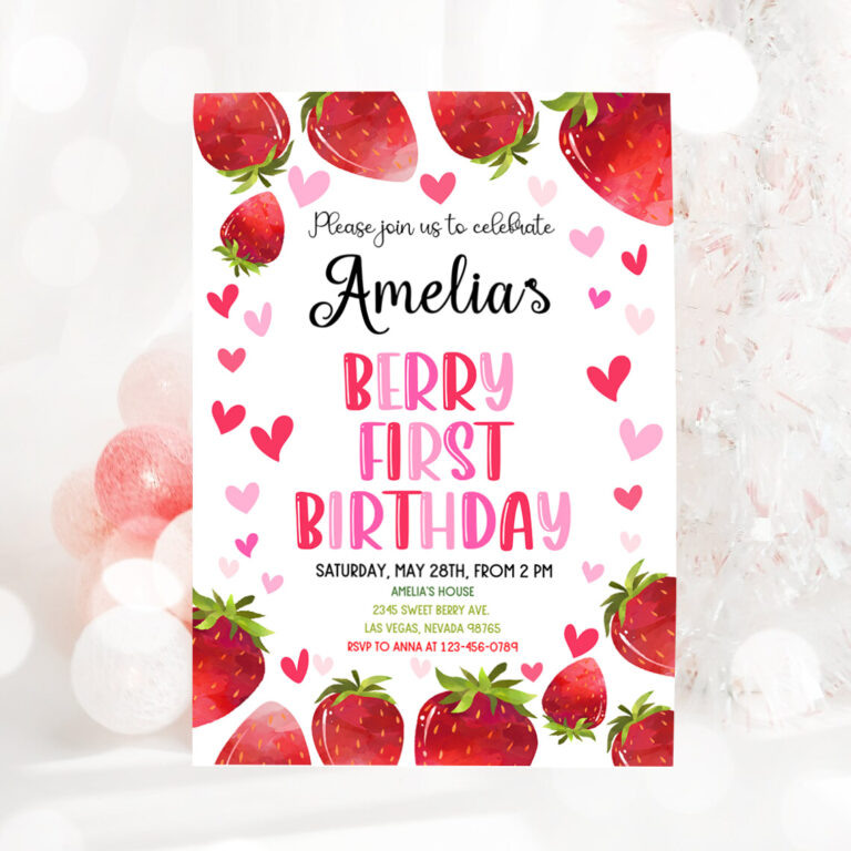3 Strawberry Birthday Invitation Party Invites Berry Sweet Girl Two First 1st Summer Fruit Cute Red Citrus Printable Template 1