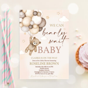 3 Teddy Bear Baby Shower Invitation We Can Bearly Wait Brown Ivory Beige Balloons Boho Baby Shower Invites Boy Girl EDITABLE Template 1