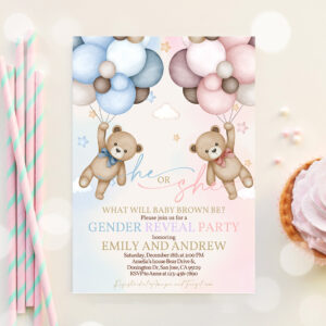 3 Teddy Bear Gender Reveal Invitation Gender Neutral Invites Boho Beige Pampas Grass Hot Air Balloons We Can Bearly Wait 1