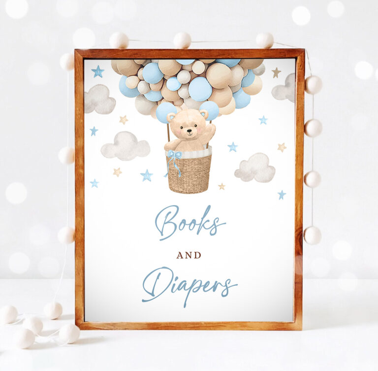 3 Teddy Bear Hot Air Balloon Shower Books and Diapers Sign Boy Blue Teddy Bear Baby Shower We Can Bearly Wait Shower Instant Download 4H 1