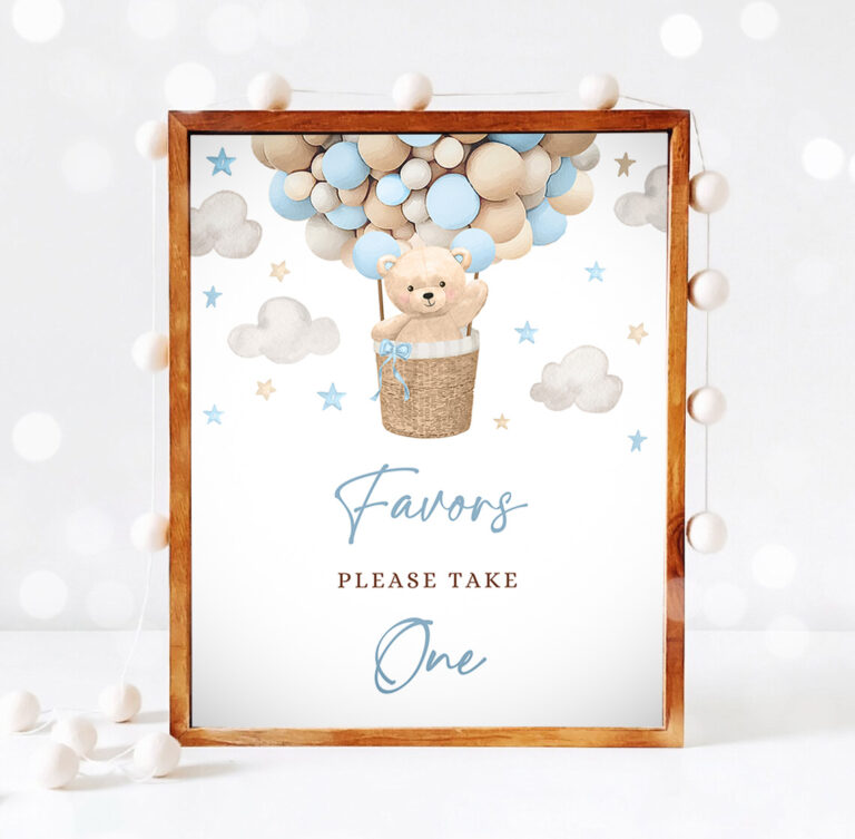 3 Teddy Bear Hot Air Balloon Shower Favors Please Take One Sign Boy Blue Teddy Bear Baby Shower We Can Bearly Wait Shower Instant Download 4H 1