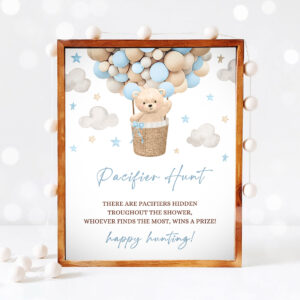3 Teddy Bear Hot Air Balloon Shower Pacifier Hunt Sign Boy Blue Teddy Bear Baby Shower We Can Bearly Wait Shower Instant Download 4H 1