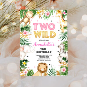 3 Two Wild Birthday Invitation Pink Gold Jungle Safari Animals Invitation Two Wild 2nd Birthday Party 1