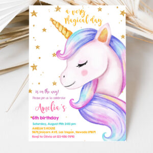 3 Unicorn Birthday Invitation Rainbow Party Gold Glitter Pink Girl Magical Day Invites EDITABLE Printable Template 1