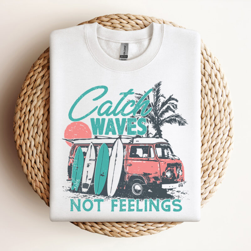 Catch Waves Not Feelings SVG Retro Summer Shirt Design Funny Beach Shirt SVG Retro Van With Surfboards Design