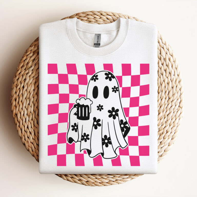 Checkered Daisy Cute Ghost SVG Floral Ghost SVG Ghost Cheers SVG Design