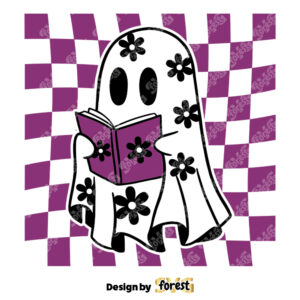 Checkered Daisy Cute Ghost SVG SVG Floral Ghost SVG Ghost Reading SVG Checkered Halloween SVG
