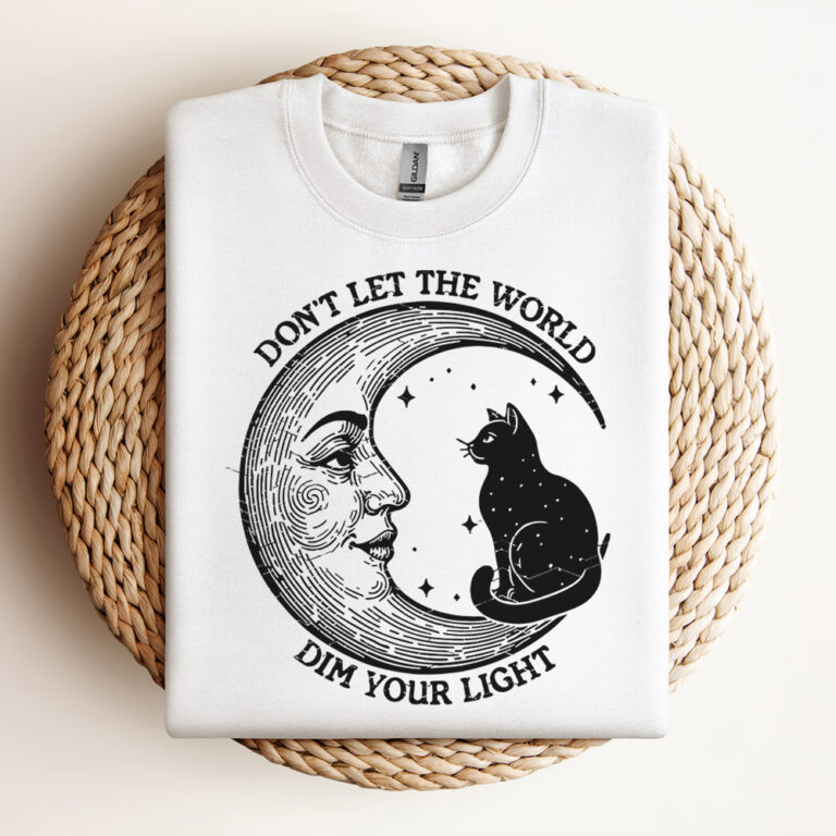 Dont Let the World Dim Your Light SVG File Trendy Vintage Moon And Cat Design For Graphic Tees Tote Bags Design