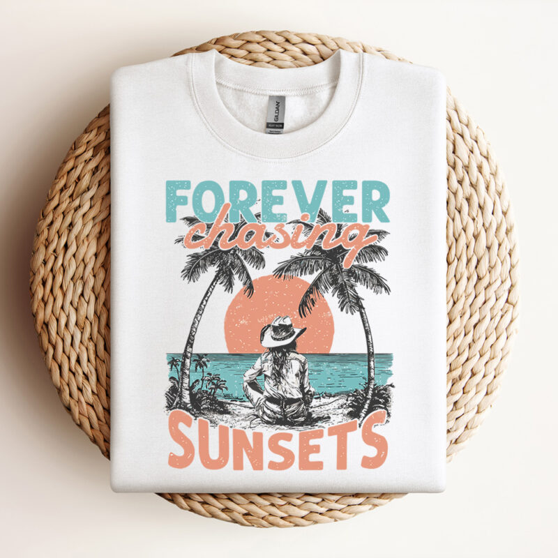 Forever Chasing Sunsets SVG Beach Cowgirl Design Beach Shirt Vector Summer T Shirt Design Retro Beach Design SVG Design
