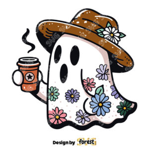 Retro Colorful Floral Ghost Coffee SVG Retro Daisy Cute Ghost Halloween SVG