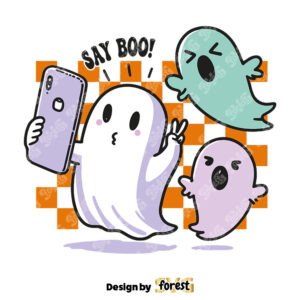 Retro Cute Ghost Halloween SVG Say Boo SVG Ghost Selfie SVG Funny Spooky Vibes Checkered Trendy Fall Vibes SVG