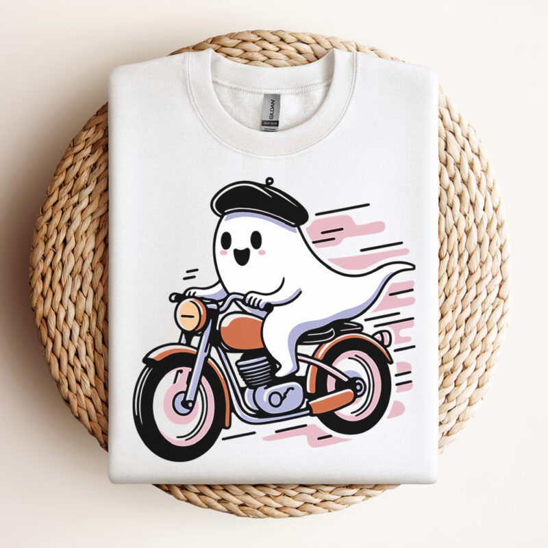 Retro Cute Ghost Riding Motorcycle SVG Retro Cute Ghost Halloween SVG Design