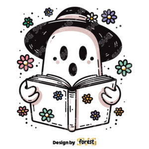 Retro Floral Ghost Book SVG Retro Daisy Cute Ghost Halloween SVG Ghost Reading SVG