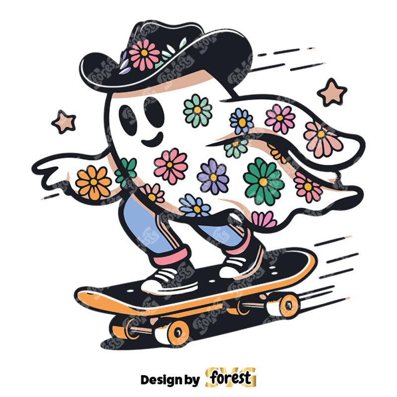 Retro Floral Ghost Skateboard SVG Retro Daisy Cute Ghost Halloween SVG Flower Ghost SVG