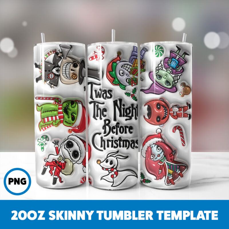 3D Inflated Cartoons Christmas 10 20oz Skinny Tumbler Sublimation Design