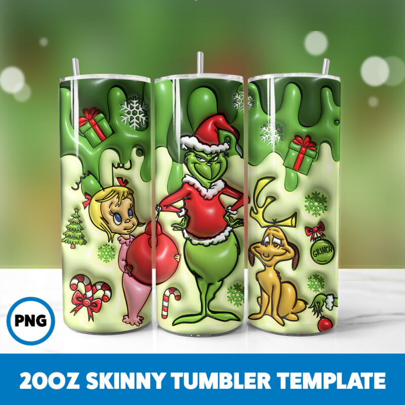 3D Inflated Grinchmas 127 20oz Skinny Tumbler Sublimation Design