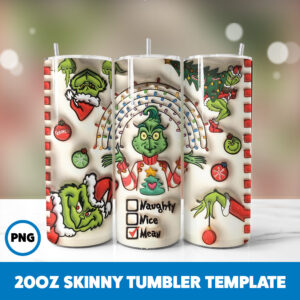 3D Inflated Grinchmas 128 20oz Skinny Tumbler Sublimation Design